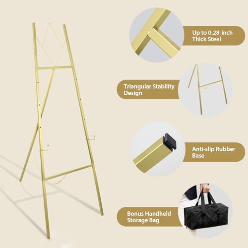 57.1" Gold Easel Stand for Sign, 4 Tier Height Adjustable Large Metal Display Easel for Wedding, Art, Paintings, Posters, Pictures, Floor Décor with Storage Bag, Assembly Needed