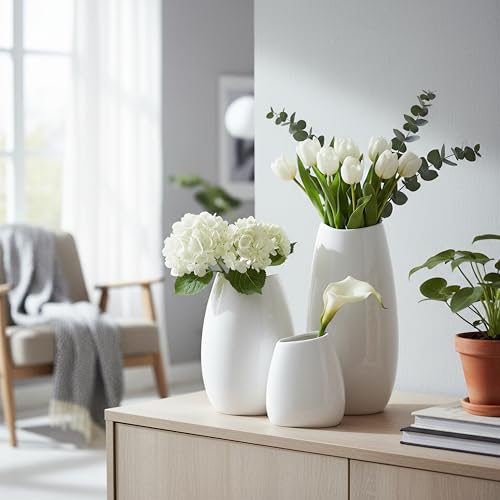 hjn Ceramic Vase Set of 3 White Flower Vase for Home Decor, Modern Decorative Vases for Flowers/Ideal Shelf Decor/Table/Living Room/Kitchen/Office-White - color: White