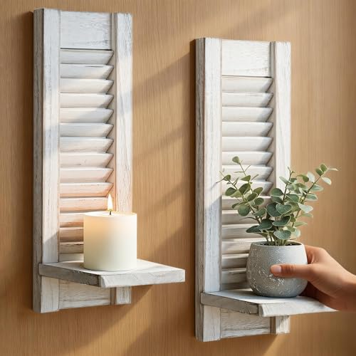 Candle Sconces Set of 2: Farmhouse Wall Candle Holder, Rustic White Wood Wall Sconces Set of Two,Handmade Wooden Art Decor for Living Room, Dining Room, Bathroom, Bedroom, or Entryway, 15.7"x5"