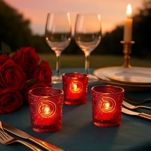 12 Pack Sun Moon Star Embossed Glass Tea Light Candle Holders - Votive Candle Holders for Wedding, Party, Home Decor, and Table Centerpieces (Ruby Red) - color: Ruby Red