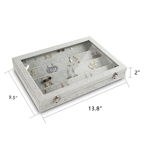 Frebeauty Earring Organizer Tray with Clear Lid 64 Slots Velvet Drawer Insert Earring Storage box with Transparent Glass lid Jewelry Display Case with lock Gifts for Girls Women (Grey, Earrings) - color: Grey, size: 64 Slots