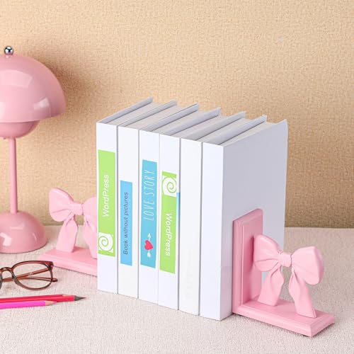 Threehoney 2 Pieces Pink Bow Bookends Cute Book Ends for Shelves Decorative Book Stand Bow Sculpture Statues Tabletop Shelf Ornament Room Decor for Home Office School Dorm Girl Desk