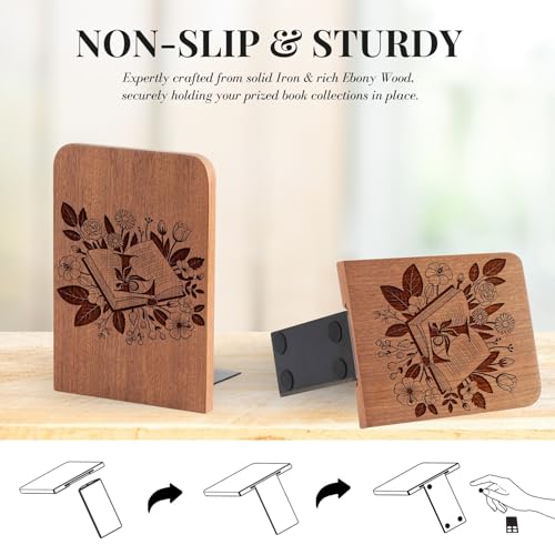 Wood Bookends, Book Ends for Shelves with Decorative Alphabet A and Z Design - Heavy Duty Iron & Ebony Wood Book Ends for Shelves Bookcase Desk - 1 Pair - L - color: L