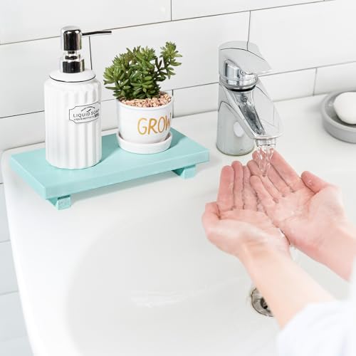 zoocatia Small Wood Tray Pedestal Stand Farmhouse Bathroom Decor Decorative Wooden Riser Kitchen Soap Dish Holder for Vanity, Counter, Sink, 10" x 4.5" - Light Blue - color: Light Blue, size: 10" x 4.5" x 1.6"