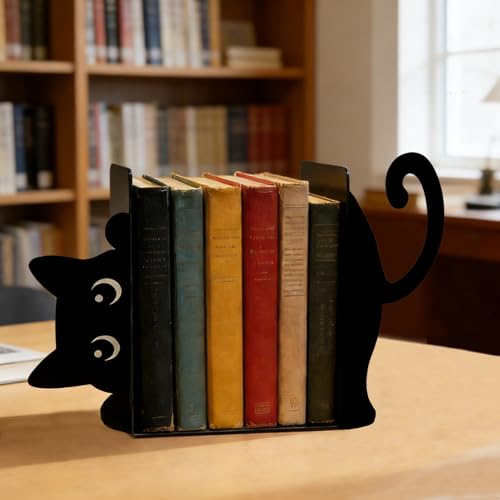 Peeping Cat Metal Bookends, Funny Bookends for Shelves Decorative, Home Office Desk Cute Book Ends Reading Bookshelf Decor for Cat Lovers, Book Lovers Gift - style: Peeping Cat