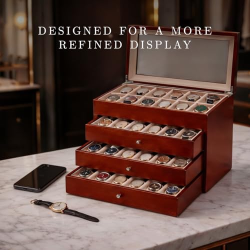Bey-Berk Custom Personalized Watch Box Organizer - 48 Slot Luxury Solid Wood Designer Display, Large Watch Slots - color: Brown