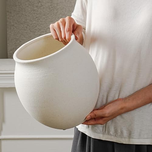 Round Wide Mouth White Ceramic Vase -9.7" Large Flower Pot with Drainage Hole for Indoor Plants, Gravel Textured Cream White Vase & Planter for Home Decor