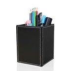 KINGFOM PU Leather Square Pens Pencils Holder Cup Desktop Stationery Organizer Case Office Accessories Container Box (black) - color: Black-s