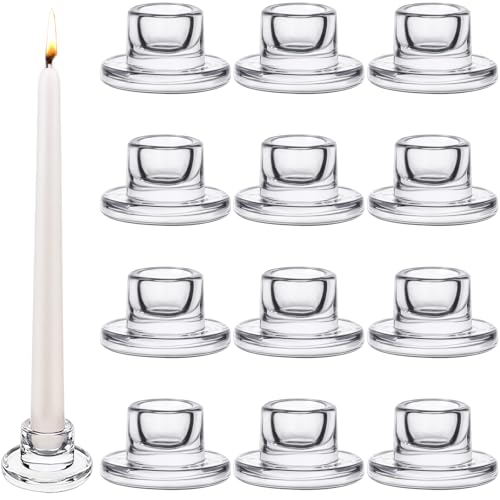 12 PCS Glass Taper Candle Holders Bulk Candlestick Holders Clear Short Tapered Candle Stick Holder Decor Set for Table Centerpiece Wedding Party Advent Christmas Home Decorations (12, Clear) - color: Clear