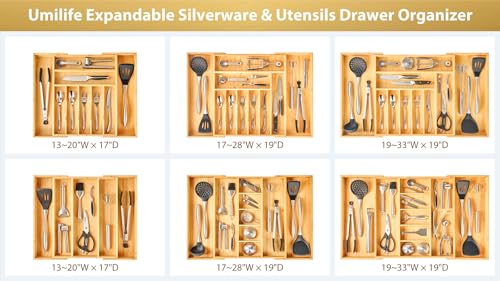 Umilife Large Expandable Kitchen Silverware Utensils Drawer Organizer, 2.5" Extra High Adjustable Drawer Divider with Curved Grooves, Bamboo Wood Cutlery Tray Flatware Holder - style: For Silverware (13"~20" x 17")