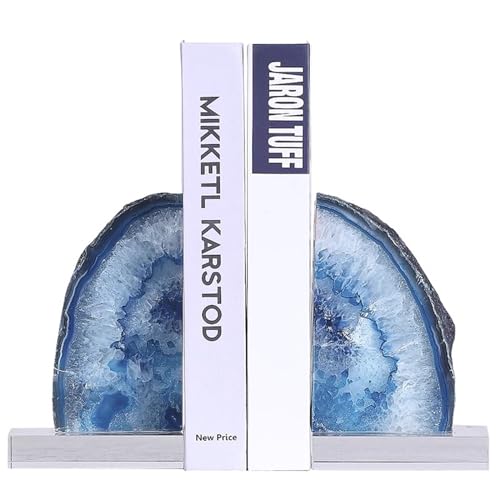 Natural Agate BookEnds, A Pair Heavy Duty Luxury Book Ends Holder, Manual Cutting Holding Books Holder Decor for Home Office Student (4.7in, Blue), 1722256 - color: Blue