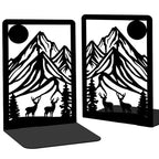 Metal Bookends for Shelves, Mountain and Deer Decorative Book Ends for Heavy Books, Book Stopper Decorative Books, Bookends to Hold Literature for Home Office School Bookshelf Decor - style: Mountain