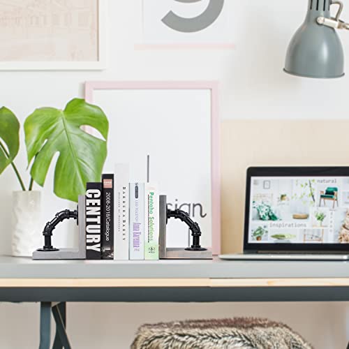 Rustic Decorative Wooden Tabletop Farmhouse Bookends for Heavy Books with Modern Industrial-Style Pipe Office Desktop Bookshelf Organizers Holder Nonskid Shelf Decor for Home Office 1-Pair (Grey) - color: Gray