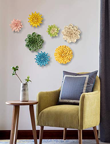 SEINHIJO Ceramic Flower Wall Decor 3D Wall Art Sculpture Modern Art Gift for Bedroom Living Room Home Office Yellow 6.7 Inch