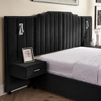 Luxury Queen Size Bed Frame with LED Lights and Nightstands, Modern Velvet Upholstered Platform Bed Frame with Oversized Headboard, Buttons Around, No Box Spring Needed, Black | Breathable material - color: Black-velvet, size: Queen
