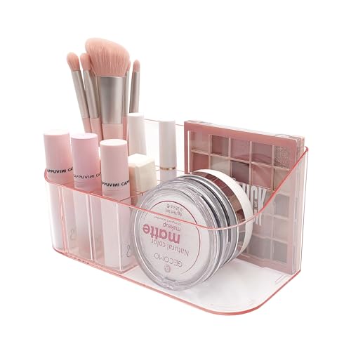SUNFICON Makeup Holder Tray Organizer Cosmetic Display Case Tabletop Desktop Vanity Countertop Bathroom Wall Cabinet Medicine Storage Box 9 Dividers 2 Removable for Womens Ladies Girls Crystal Pink - color: Pink