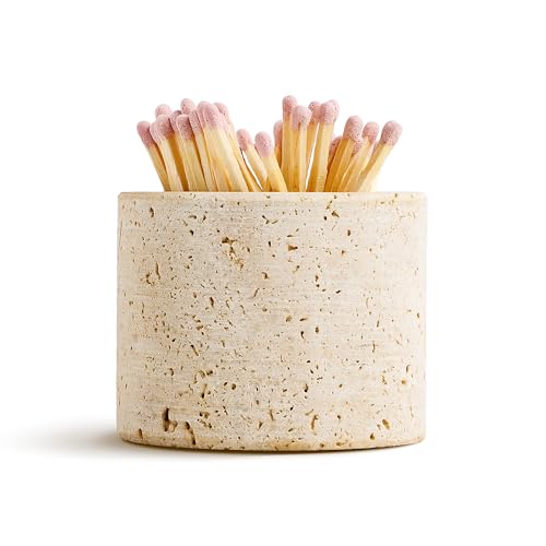 WORHE Travertine Stone Match Holder with Striker & Extra Striker Pad - 2.6" x 2" Decorative Matchstick Organizer for Fireplace, Candles, Parlor Cute Match Jar for Home Decor Gift, Matches Not Included - size: Small 2.6" x 2"