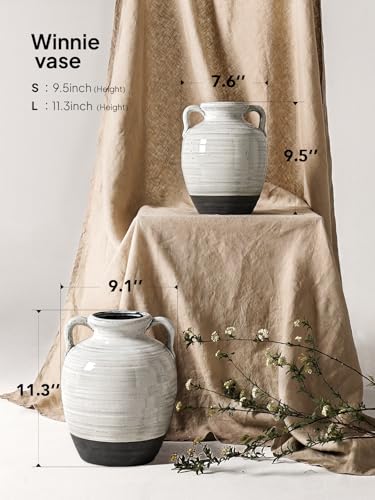 Large White Ceramic Vase, 9.5 Inch Farmhouse Flower Vase with Handles - Rustic Home Decor for Living Room, Table, Mantel, Wedding Centerpiece (Aurora White) - color: Aurora White-9.5"