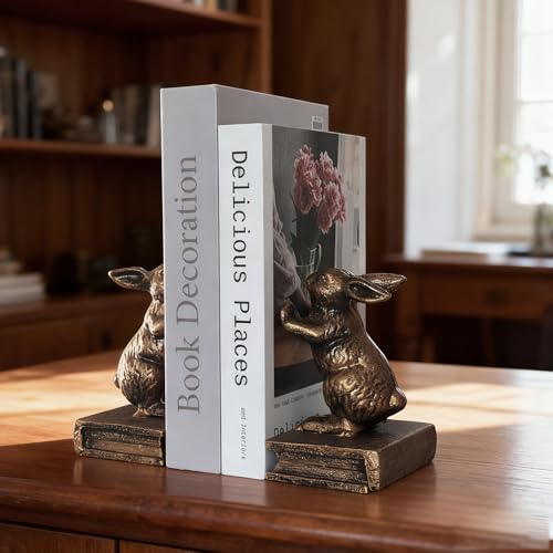2 PCS Antique Gold Bunny Book Ends Rabbit Decorative Bookend Set Cast Iron Vintage Heavy Duty Book Ends for Shelves for Home(Face to Face Rabbit) - color: Face to Face Rabbit