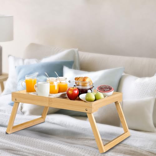 Bamboo Bed Tray Table with Folding Leg, Breakfast in Bed Tray for Eating,TV Table, Laptop Computer,Snack,Sofa or Working, Laptop Desk (1, Beige) - color: Beige