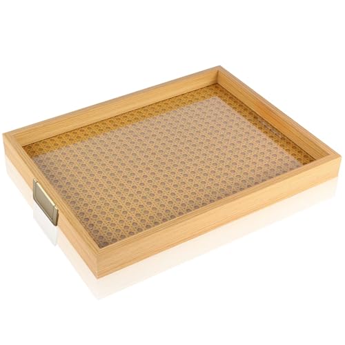 Rattan Woven mesh Surface Wood Serving Tray with Metal Handles, 16.3x13 in Food Drinks Tray for Coffee Table, Breakfast, Dinner & Bar,Kitchen,Party (Rattan Weaving/Large) - color: Rattan Weaving/Large