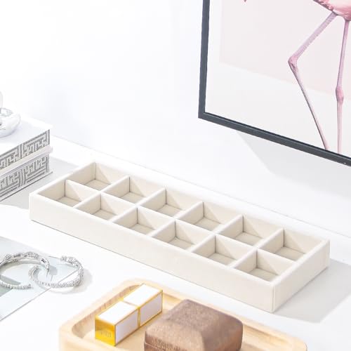 Divided Drawer Organizer Tray, Velvet Jewelry Storage Tray, Necklace Bracelet Ring Earring Display Tray,Bedside Nightstand Desk Holder Tray for Phone Watch Sunglasses Cosmetics Storage/Beige/12grid - color: Beige, size: Grid12