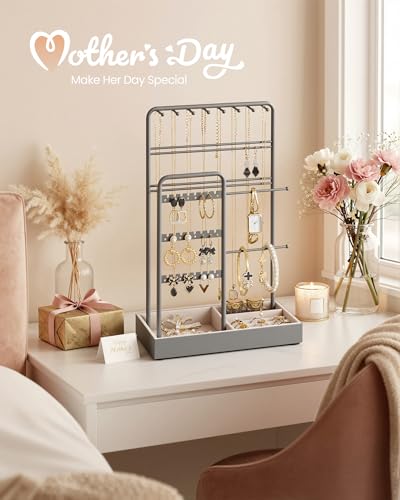 SONGMICS Necklace Holder, Jewelry Stand Holder Organizer, Jewelry Display with Metal Frame, Velvet Tray, Earring Bracelet Holder, for Gift Idea, 4.5 x 7.7 x 12.1 inch, Dove Gray UJJS021G01 - color: Dove Gray, size: 4.5"D x 7.7"W x 12.1"H