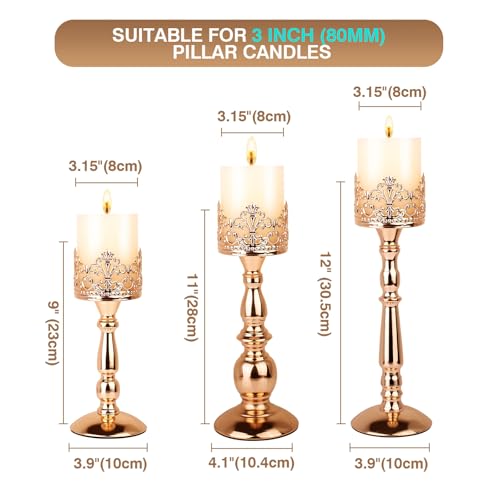 Candle Holders for Pillar Candles Set of 3 Gold Vintage Tall Candle Holders Decorative Large Table Centerpieces Candle Stand Decor - color: Gold
