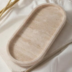 CHISELED ST DF SK Natural Travertine Oval - 10x5 Inch Bathroom and Vanity Marble Small Tray for Soap Bottle, Perfume, Aromatherapy and Jewelry Accessories - Countertop Tray with Non-Slip Raised Base