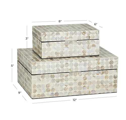 Deco 79 Mother of Pearl Shell Geometric Handmade Decorative Box Decorative Keepsake Boxes with Hinged Lid, Set of 2 Storage Boxes 12", 8"W, Cream - color: Beige, size: 12", 8"W