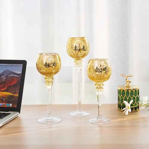 Glass Tealight Candle Holder: Gold Mercury Votive Holders 9/10/12 Inch Tall Long Setm Floating Candle Holders for Christmas Dining Table Centerpiece Wedding Party Set of 3 - color: Gold