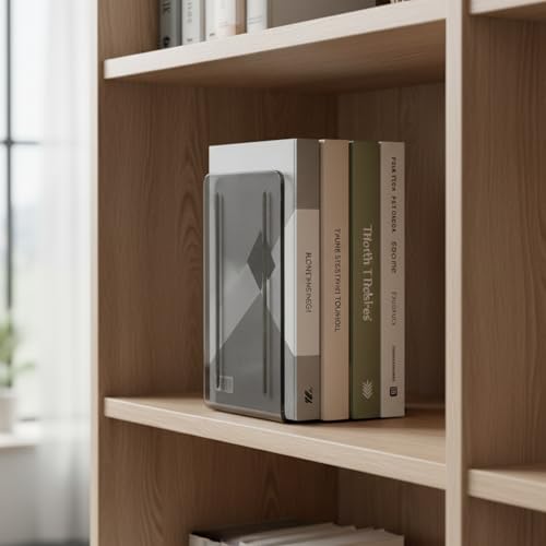 Acrimet Bookends 1 Pair, Clear Plastic Bookends for Shelves or Desktop, Book Holder for Home, Office, Library, School (Clear Gray)