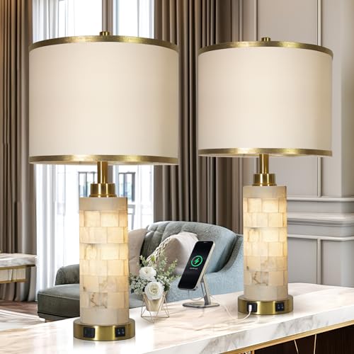 KIVDITZO 27" Alabaster Table Lamps Set of 2, Lamps for Living Room Bedroom,Bedside Lamps with Night Light,Nightstand Lamp with USB A+C Ports,Modern Table Lamp with Linen Shade (Bulbs Included) - color: Golden Colored
