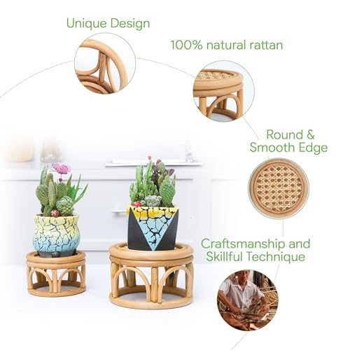 Set of 2 Small Boho Rattan Wicker Round Riser Plant Stand Indoor,Rustic Farmhouse Natural Wooden Circle Pedestal for Decor & Display, Tabletop, Office Decor - size: 6.0" & 8.0"