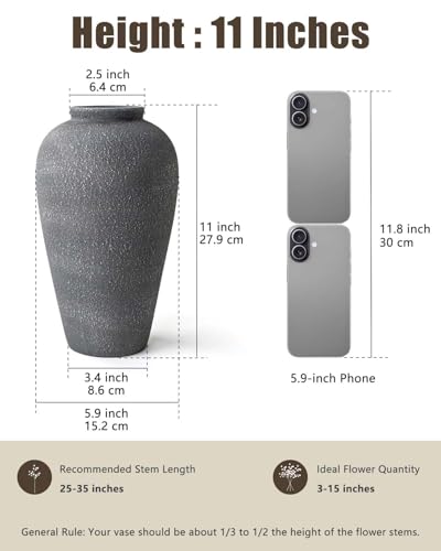 Large Ceramic Flower Vase 11 Inches, YBX Black Rustic Ceramic Vase, Decorative Farmhouse Tall Vase for Home Decor, Living Room, Bedroom, Centerpieces, Console, Wedding, Table Decorations, Black - color: Rustic Black-11"