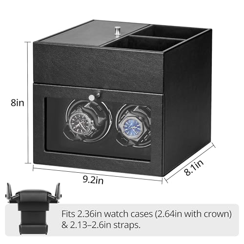 LLS Automatic Double Watch Winder with Storage Box, Japanese Quiet Motor, Adjustable Watch Pillows, Black PU Leather