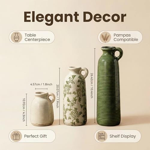 Ceramic Vases Set of 3, Farmhouse Country Flower Vase Home Decor,Living Room Kitchen Bathroom Decoration, Table Centerpieces, Shelf and Entrance Decorations-Multicolor. - color: Green Flower