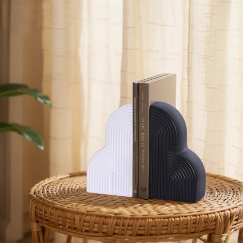 Black and White Decorative Bookends for Shelves Set of 2 – Heavy Duty Resin Book Ends, Modern Minimalist Geometric Book Stoppers for Heavy Books, Boho Aesthetic Shelf Decor for Home, Office, Library - color: White and Black