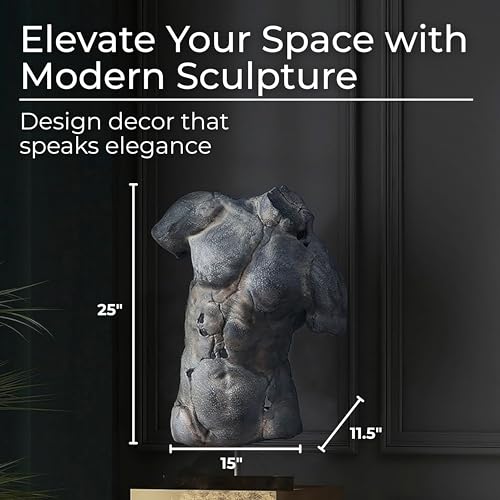 Modern Cracked Male Torso Sculpture – Polyresin Statue with Textured Black Finish – Artistic Sculptures Home Decor for Office or Living Room – 15"x9"x25", Black - color: Black