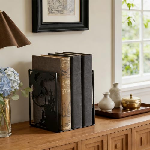 Gothic Dragon Bookends, Black Metal Castle Design, 7.1 x 4.7 Inch, Decorative Book Holders with Non-Slip Base, 2 Piece Set