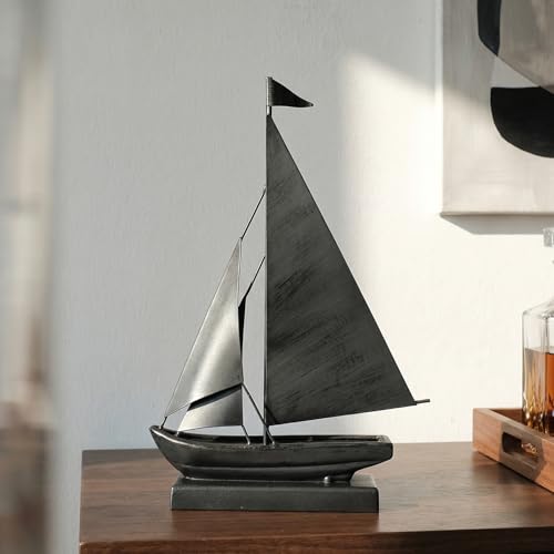Vintage Sailboat Statue Decor for Living Room, Metal Boat Sculptures Decorations for Dining Room Office, Nautical Home Décor Accents for Shelf Bookshelf Coffee Table TV Stand (Dark Gray) - color: Dark Gray