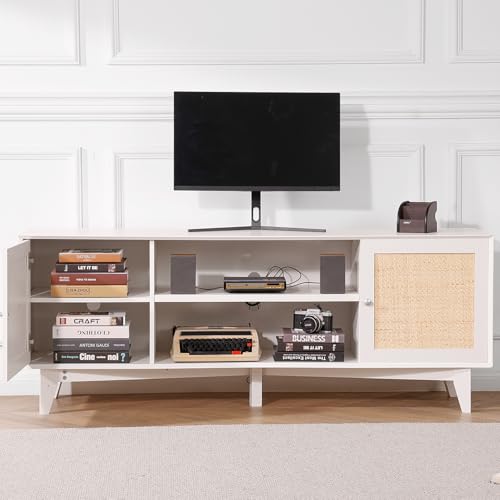 VEVOR Rattan TV Stand for 75in TV, Boho TV Stand with Rattan Door, Entertainment Center with Build-in Socket, Storage Cabinet with 2 Shelves, Modern TV Console for Living Room, Media Room, White - color: White, size: for 75" TVs