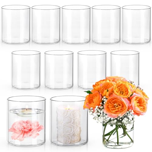 UPBUD 4 Inch Small Glass Cylinder Vases for Centerpieces | 12pcs Clear Flower Vase for Wedding Decorations, Floating Candle Vases in Bulk, Hurricane Candle Holders for Table, Home Décor - color: 4 Inch