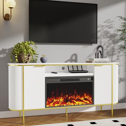White Fireplace TV Stand: 70" Modern Luxury Fluted Electric Fireplace Heater Entertainment Center Fits TVs Up to 80 Inch, Faux Marble Top TV Console with Fireplace (White, 70 Inch Fireplace TV Stand)