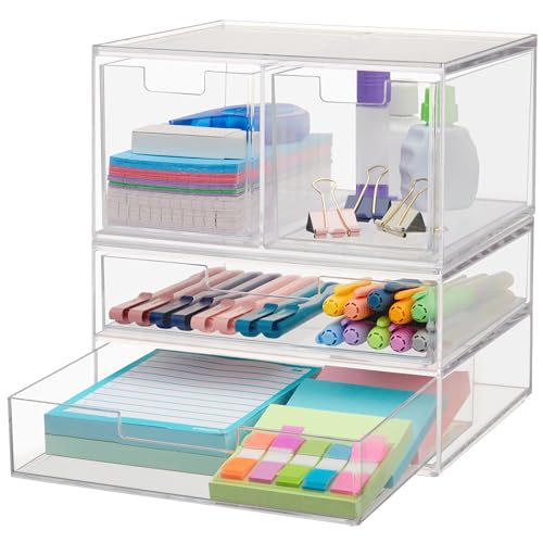 STORi Chloe Space-Saving Clear Drawer Organizer (4 Drawer Set) Sort Office, Kitchen, Beauty Supplies, Makeup, Pens, Jewelry, Stationary, Made in USA - style: Combo Drawer Set