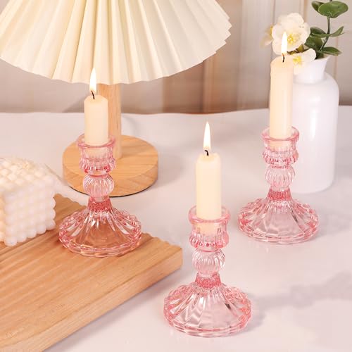12PCS Pink Candlestick Holders Set- 4" H Taper Candle Holders, Glass Candle Holders Bulk for Wedding, Party, Home Table Centerpieces, Festival Gifts & Windowsill Decor - color: Pink Striped Pattern