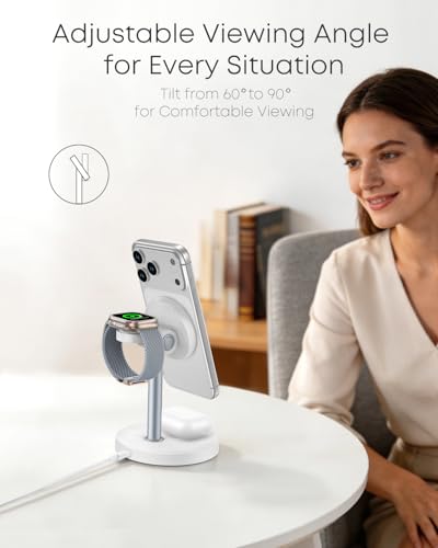 3 in 1 Magnetic Wireless Charging Station, 15W Fast Charger Stand for iPhone, Phone Charger Stand for Desk Nightstand, Compatible with iPhone 17/16/15/14, Apple Watch & AirPods, Adapter Not Included - color: White