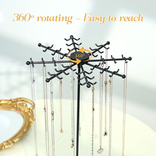 Rotating Necklace Holder Jewelry Stand, Gold Necklace Organizer Display with 48 W-shaped Hooks,Jewelry Organizer for Necklaces Earrings Rings Storage Tree, Presents for Women - color: black-1pcs