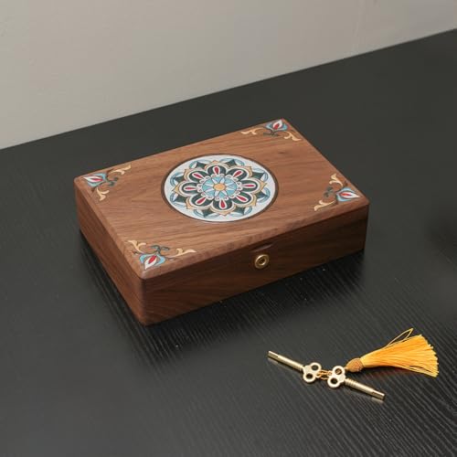 KINTNESS Black Walnut Wooden Jewelry Box with Lock - Jewelry Organizer for Women with Dimensional Color Art Finish, Jewelry Safe with Key for Bracelet, Necklace - style: Dimensional Color Art Finish-Small
