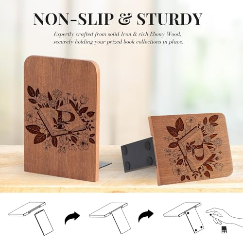 Wood Bookends, Book Ends for Shelves with Decorative Alphabet A and Z Design - Heavy Duty Iron & Ebony Wood Book Ends for Shelves Bookcase Desk - 1 Pair - P - color: P
